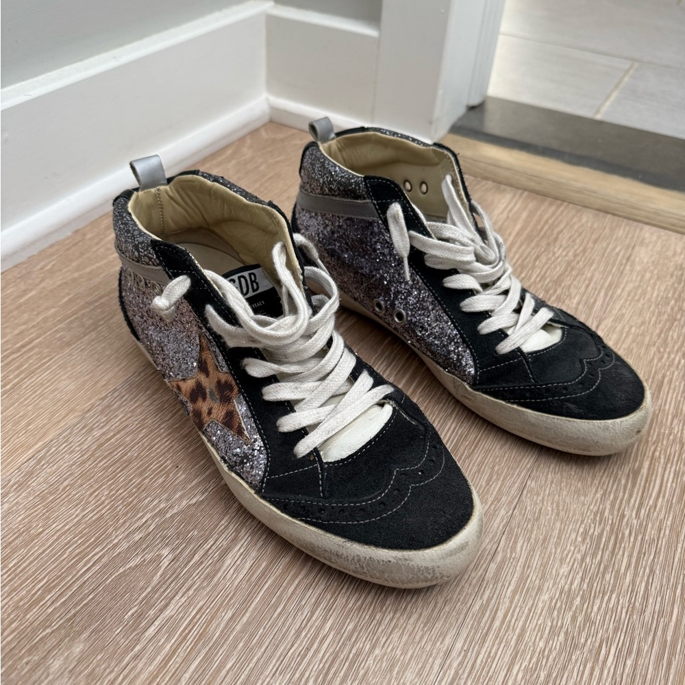 Golden Goose Black and Silver High-Tops with Leopard Detail